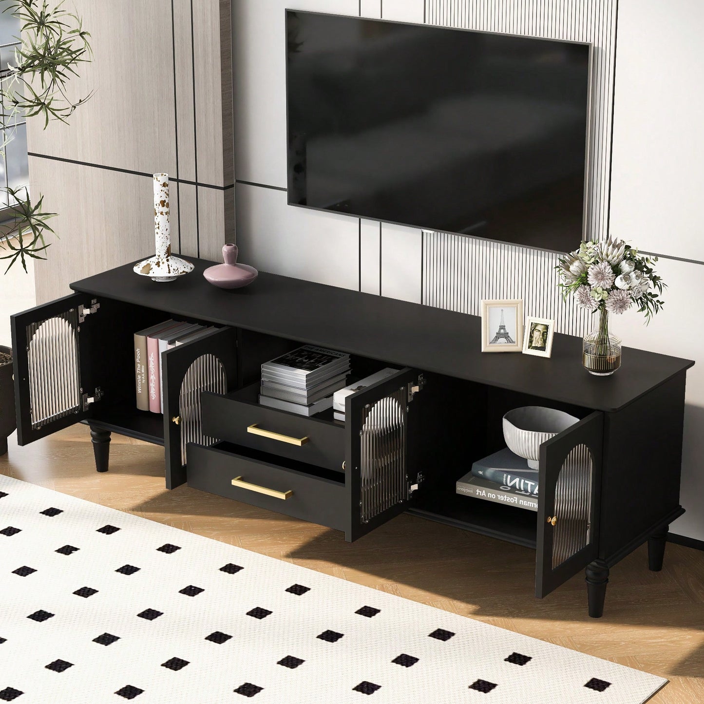 Retro TV Stand For TVs Up To 75 Inches Entertainment Center With Fluted Glass Doors And Solid Wood Legs For Living Room