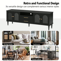 Retro TV Stand For TVs Up To 75 Inches Entertainment Center With Fluted Glass Doors And Solid Wood Legs For Living Room