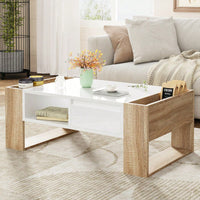 High Glossy Two Tone Coffee Table With 2 Drawers And Open Storage Shelf For Living Room And Bedroom, Rectangle Design, 41.3 X 23.6 Inches