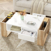 High Glossy Two Tone Coffee Table With 2 Drawers And Open Storage Shelf For Living Room And Bedroom, Rectangle Design, 41.3 X 23.6 Inches