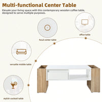 High Glossy Two Tone Coffee Table With 2 Drawers And Open Storage Shelf For Living Room And Bedroom, Rectangle Design, 41.3 X 23.6 Inches