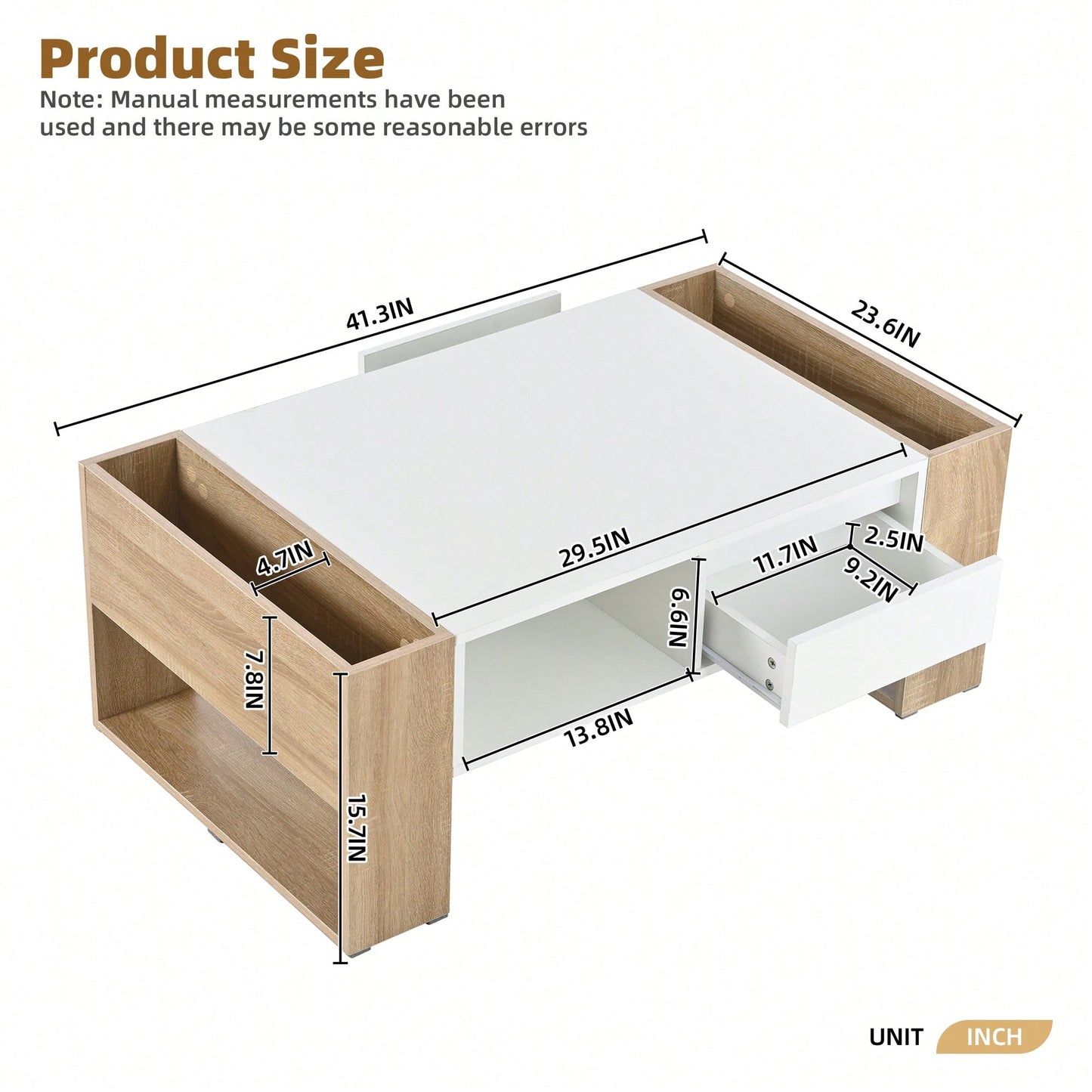 High Glossy Two Tone Coffee Table With 2 Drawers And Open Storage Shelf For Living Room And Bedroom, Rectangle Design, 41.3 X 23.6 Inches