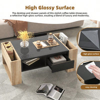 High Glossy Two Tone Coffee Table With 2 Drawers And Open Storage Shelf For Living Room And Bedroom, Rectangle Design, 41.3 X 23.6 Inches