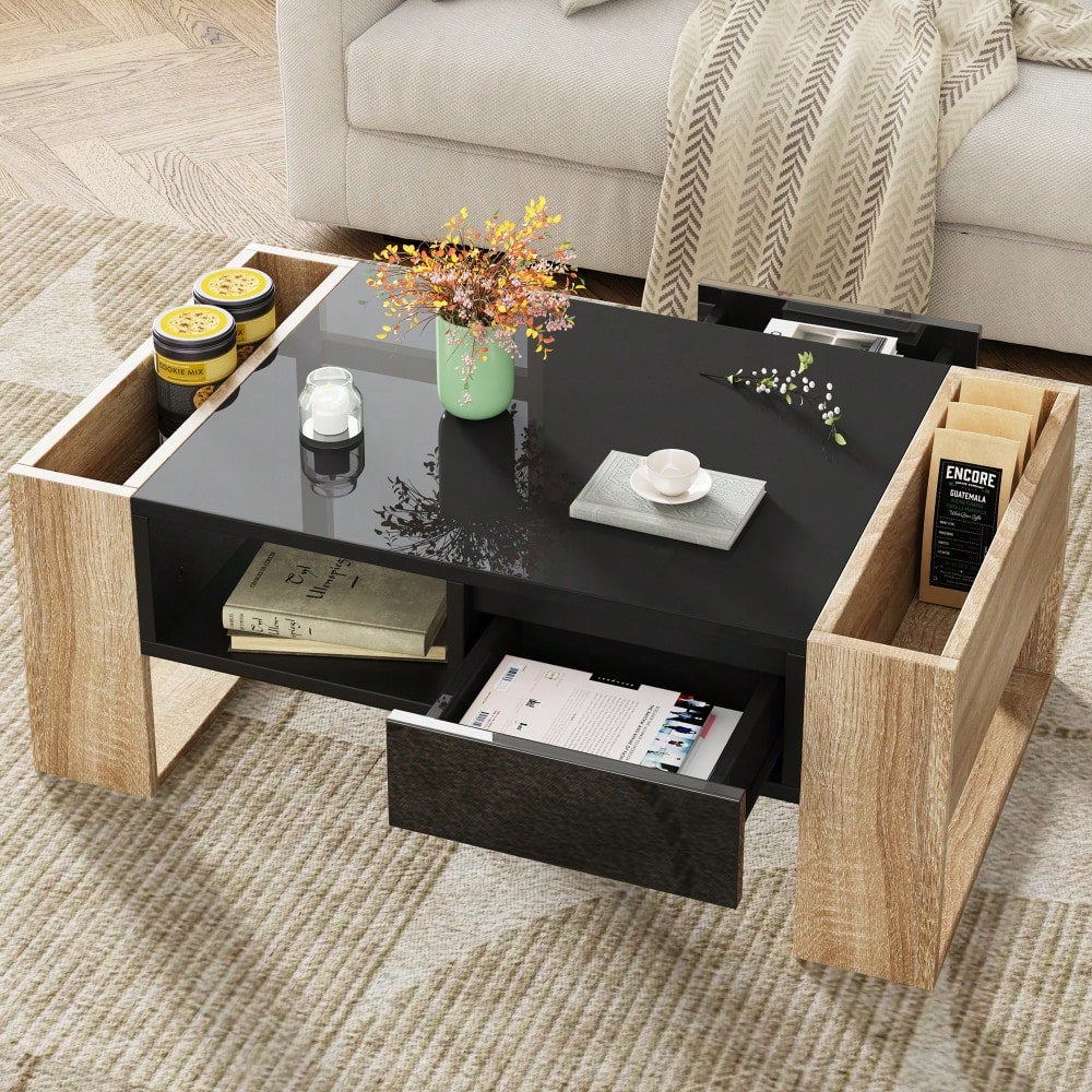 High Glossy Two Tone Coffee Table With 2 Drawers And Open Storage Shelf For Living Room And Bedroom, Rectangle Design, 41.3 X 23.6 Inches