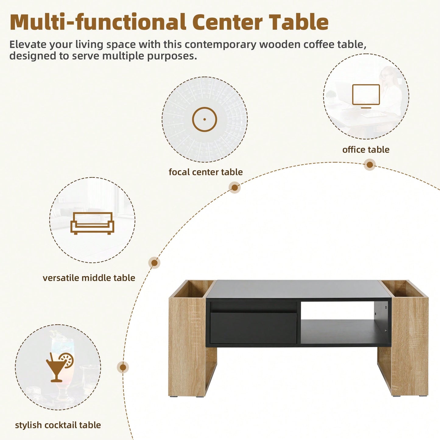 High Glossy Two Tone Coffee Table With 2 Drawers And Open Storage Shelf For Living Room And Bedroom, Rectangle Design, 41.3 X 23.6 Inches