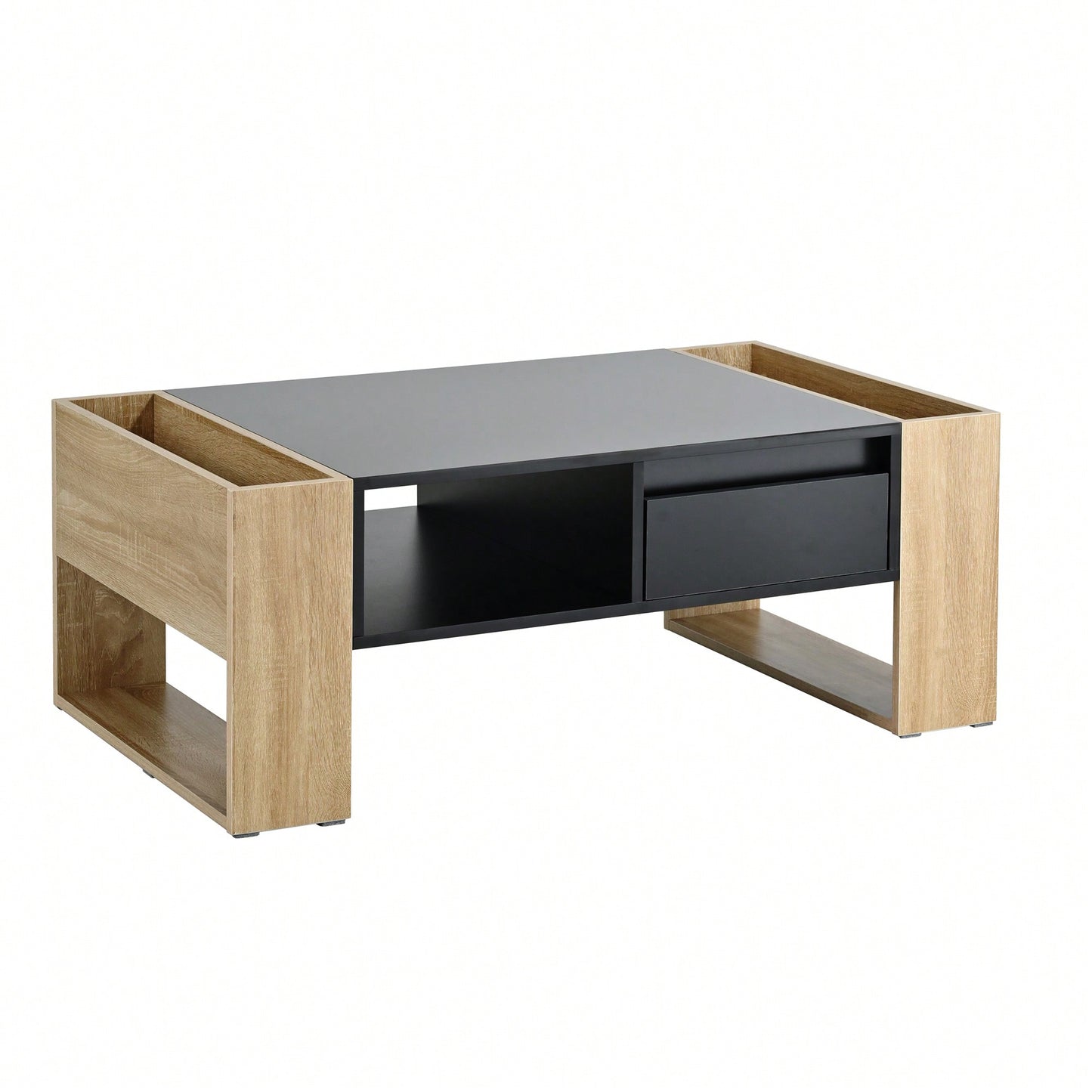 High Glossy Two Tone Coffee Table With 2 Drawers And Open Storage Shelf For Living Room And Bedroom, Rectangle Design, 41.3 X 23.6 Inches