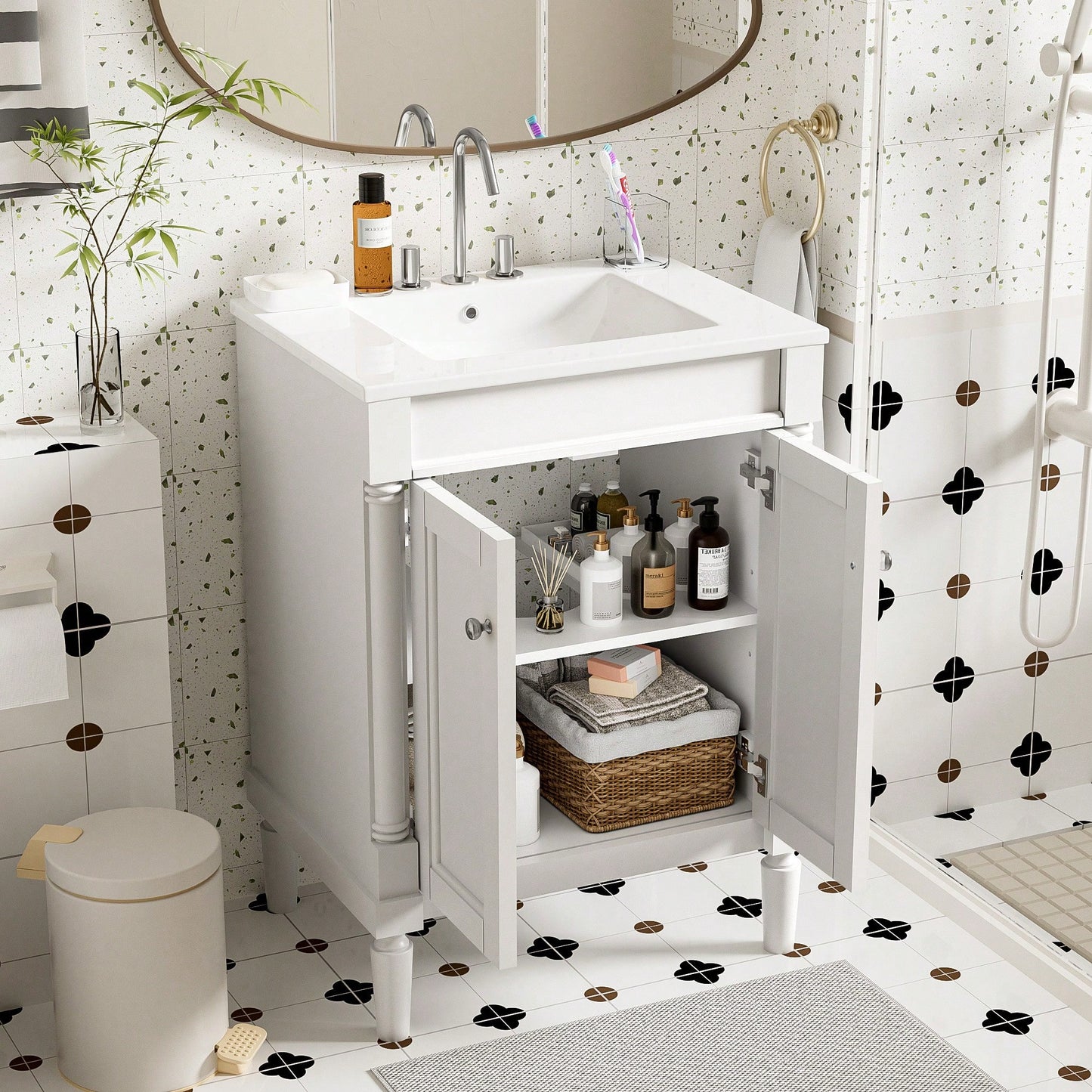 24 Inch Modern Bathroom Vanity With Sink And Storage Shelves, Stylish 2-Tier Cabinet For Organized Bathroom Space