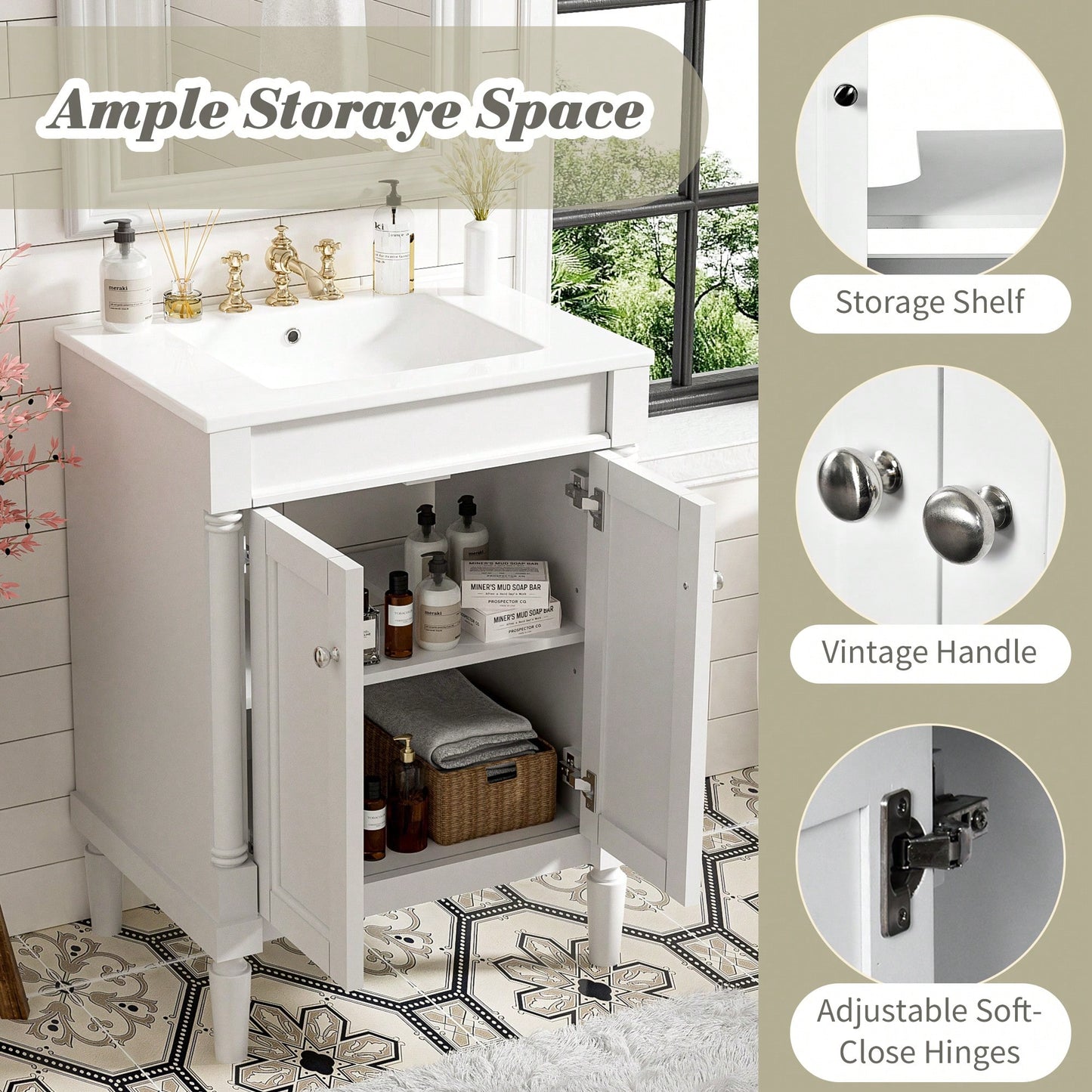 24 Inch Modern Bathroom Vanity With Sink And Storage Shelves, Stylish 2-Tier Cabinet For Organized Bathroom Space