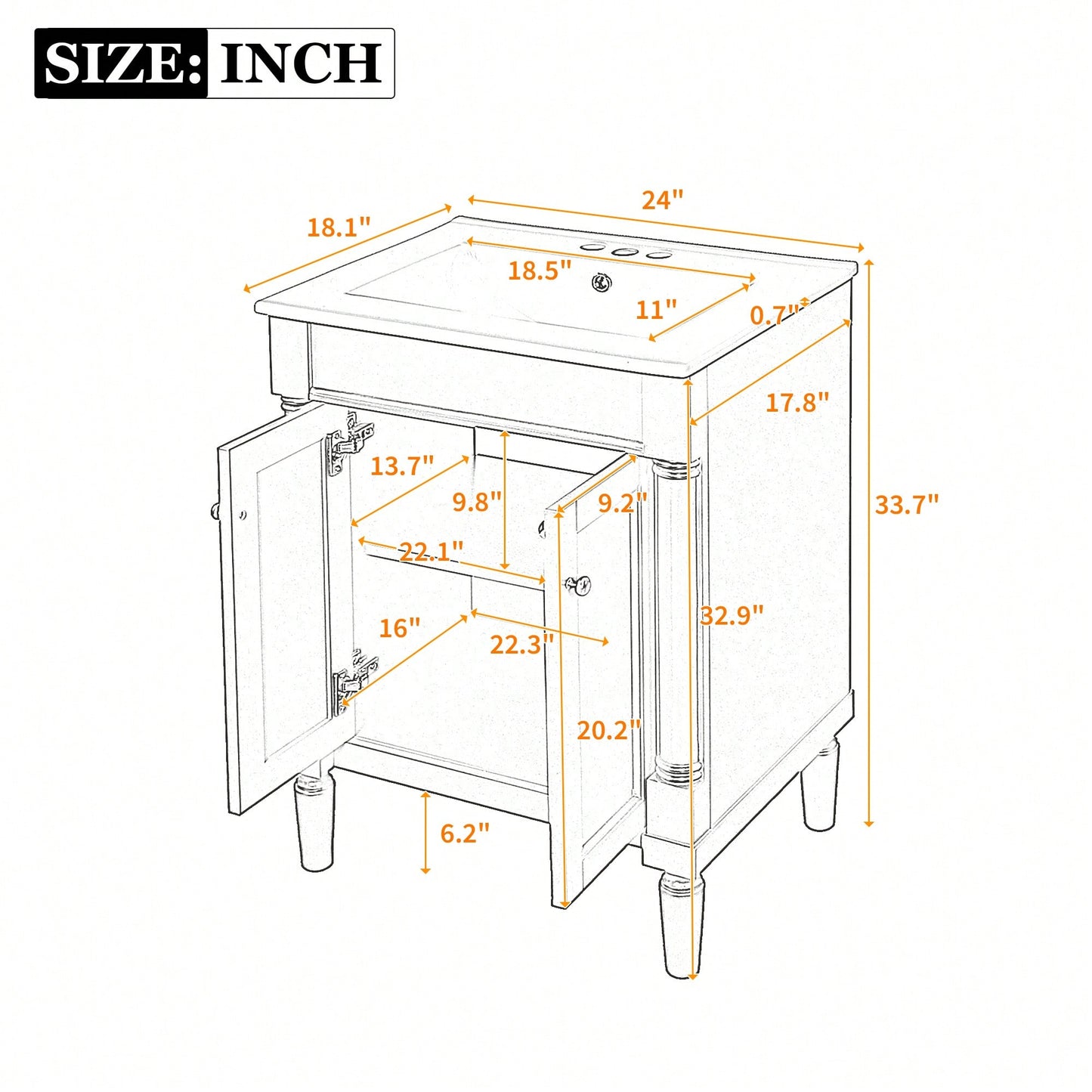 24 Inch Modern Bathroom Vanity With Sink And Storage Shelves, Stylish 2-Tier Cabinet For Organized Bathroom Space