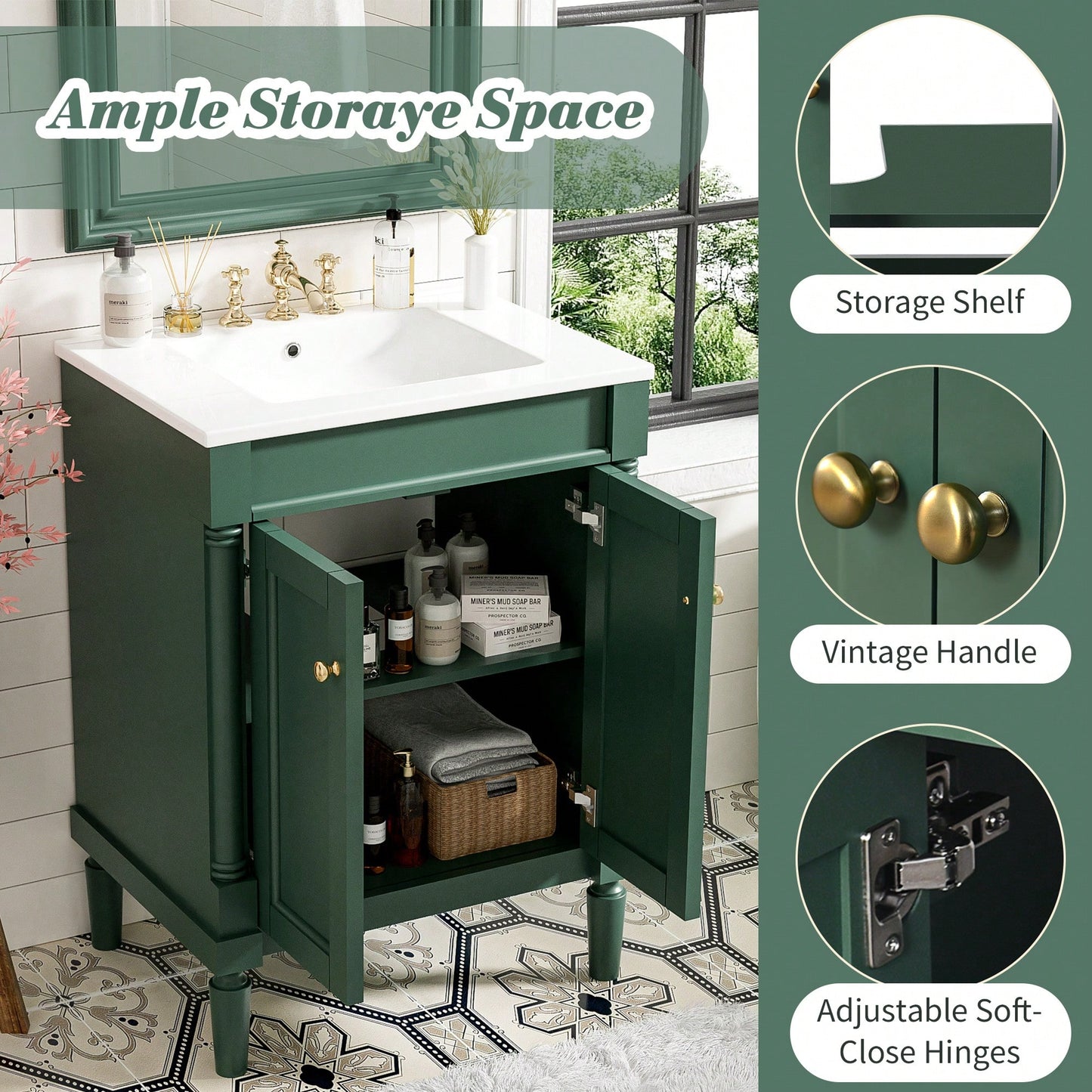 24 Inch Modern Bathroom Vanity With Sink And Storage Shelves, Stylish 2-Tier Cabinet For Organized Bathroom Space