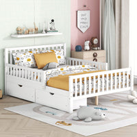 Full Size Wood Platform Bed With Safety Guardrails And Dual Storage Drawers In Gray