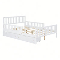 Full Size Wood Platform Bed With Safety Guardrails And Dual Storage Drawers In Gray