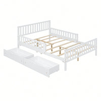 Full Size Wood Platform Bed With Safety Guardrails And Dual Storage Drawers In Gray