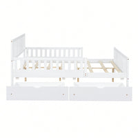Full Size Wood Platform Bed With Safety Guardrails And Dual Storage Drawers In Gray