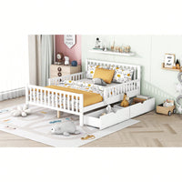 Full Size Wood Platform Bed With Safety Guardrails And Dual Storage Drawers In Gray