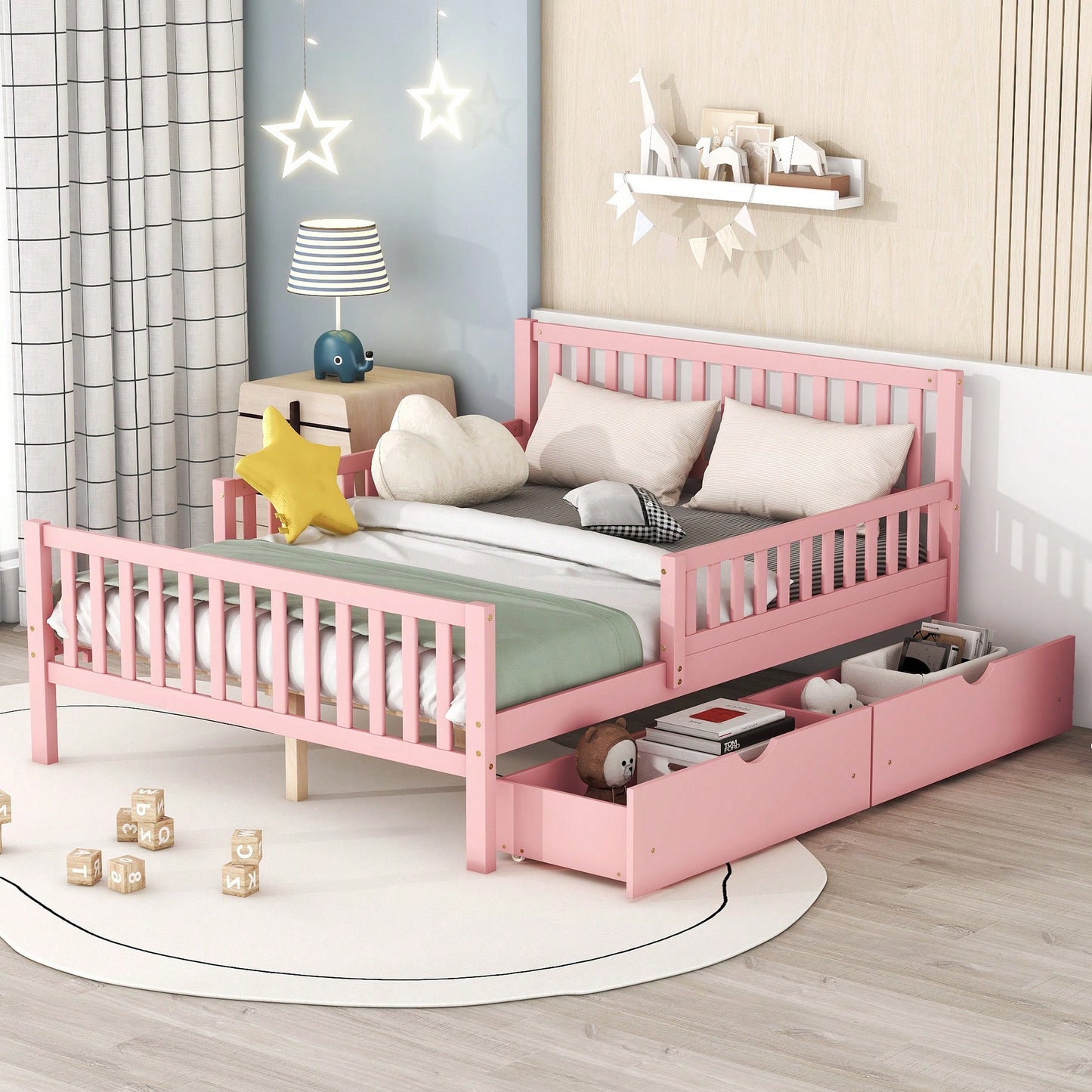 Full Size Wood Platform Bed With Safety Guardrails And Dual Storage Drawers In Gray