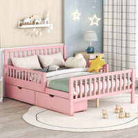 Full Size Wood Platform Bed With Safety Guardrails And Dual Storage Drawers In Gray