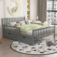 Full Size Wood Platform Bed With Safety Guardrails And Dual Storage Drawers In Gray
