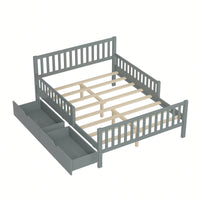Full Size Wood Platform Bed With Safety Guardrails And Dual Storage Drawers In Gray