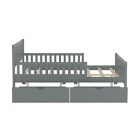 Full Size Wood Platform Bed With Safety Guardrails And Dual Storage Drawers In Gray