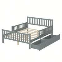 Full Size Wood Platform Bed With Safety Guardrails And Dual Storage Drawers In Gray