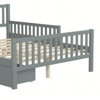 Full Size Wood Platform Bed With Safety Guardrails And Dual Storage Drawers In Gray