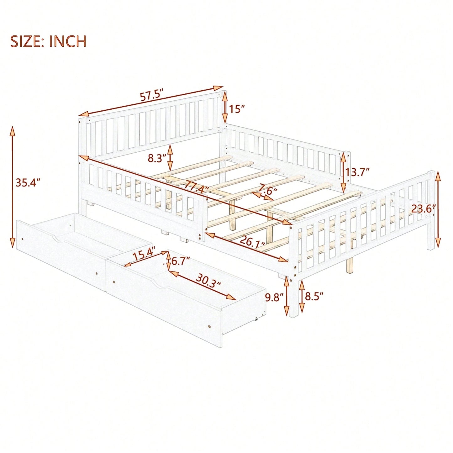 Full Size Wood Platform Bed With Safety Guardrails And Dual Storage Drawers In Gray