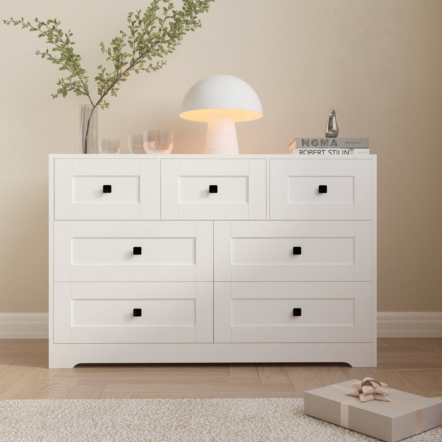 White 7-Drawer Chest Of Drawers With Farmhouse Door Design For Stylish Storage