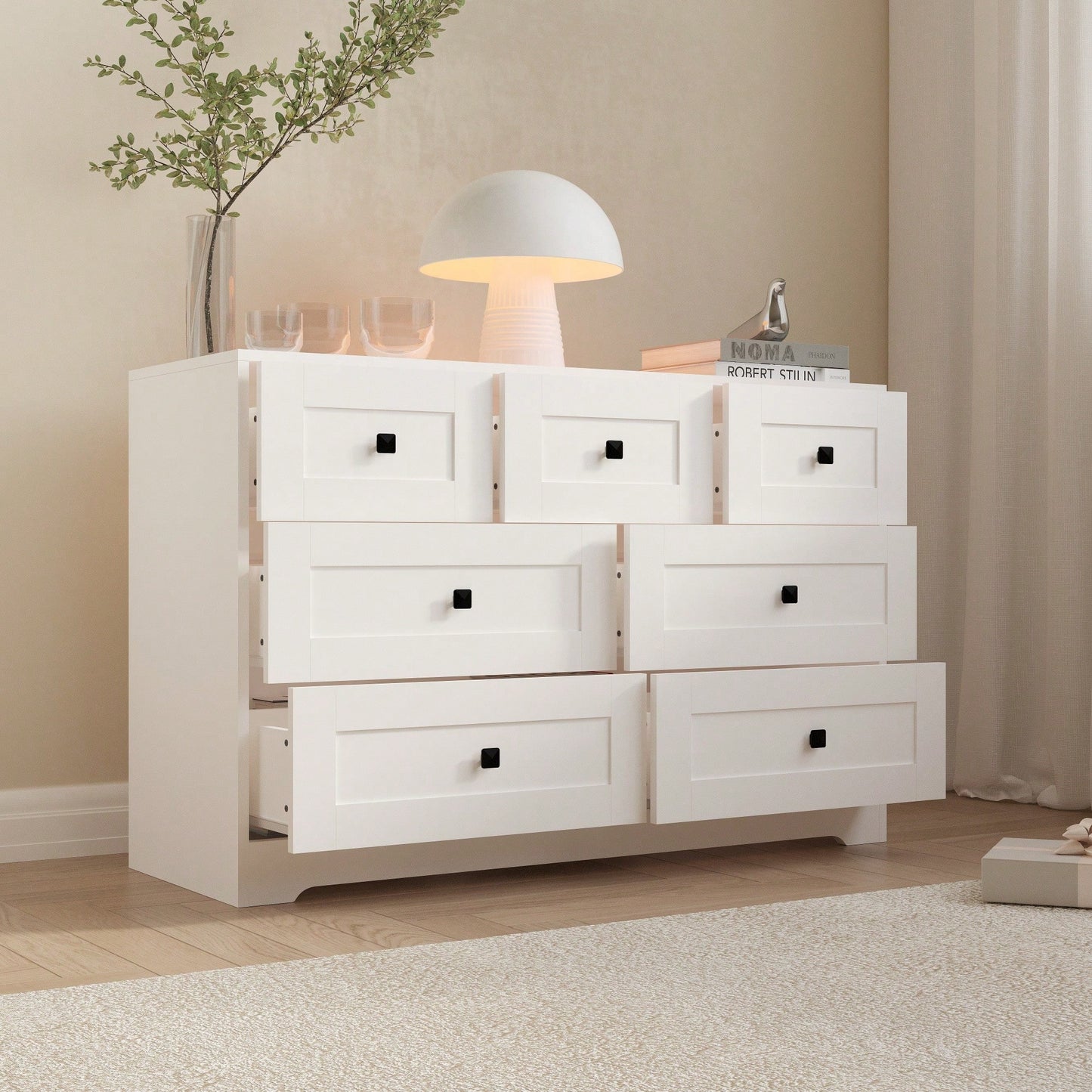 White 7-Drawer Chest Of Drawers With Farmhouse Door Design For Stylish Storage