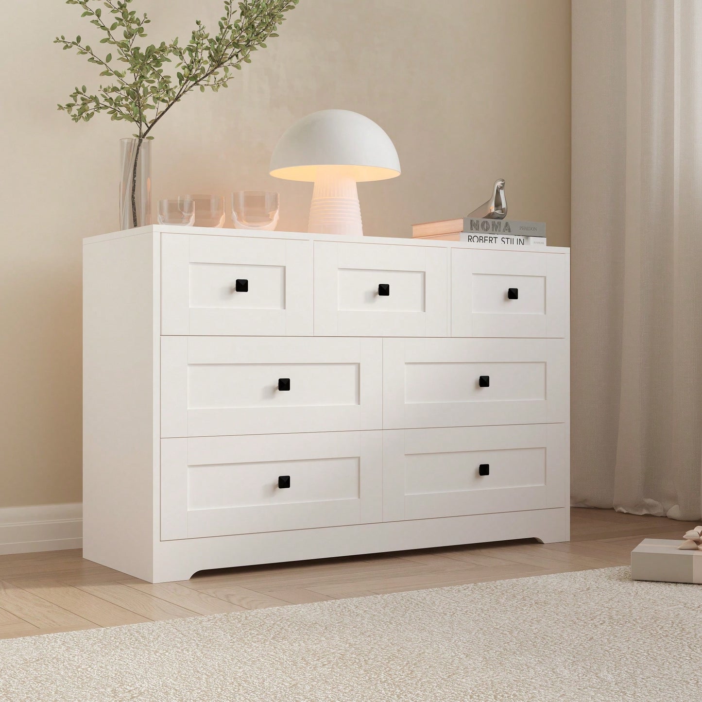 White 7-Drawer Chest Of Drawers With Farmhouse Door Design For Stylish Storage