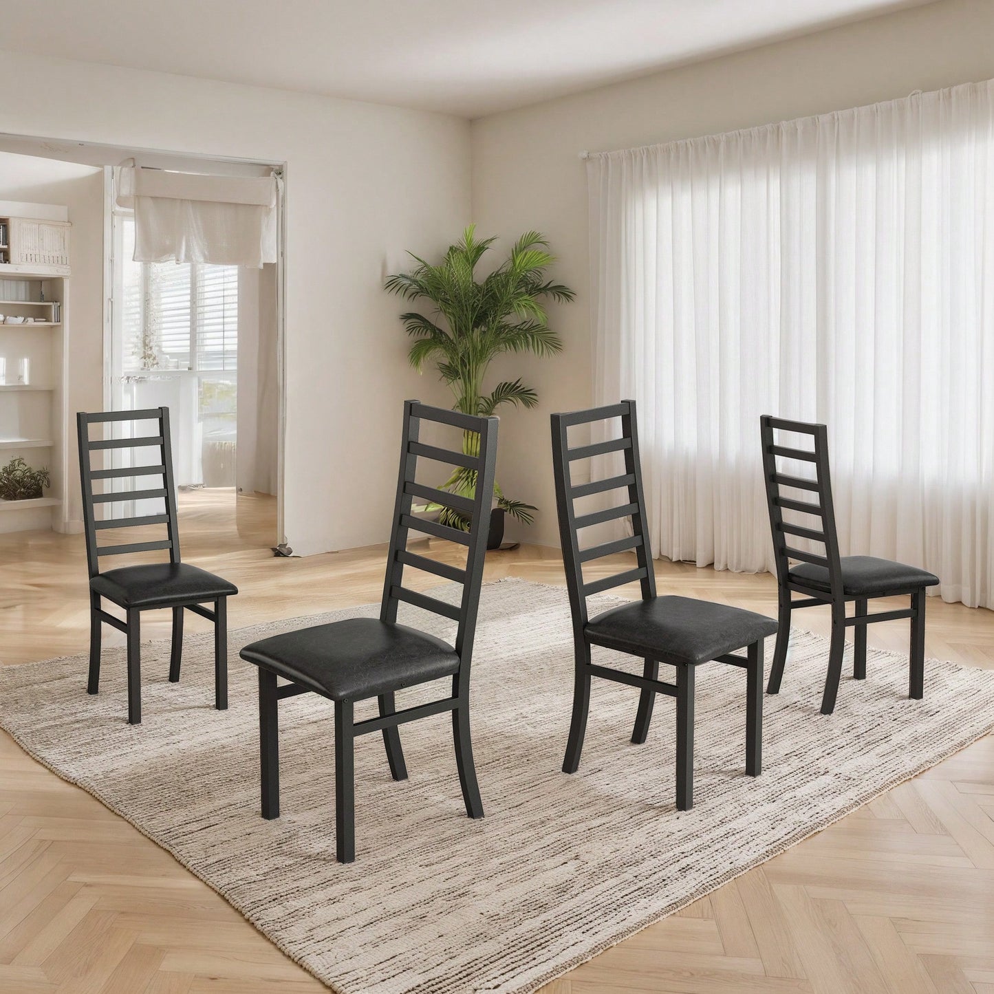 Stylish Metal Dining Chairs Set Of 4 With Steel Legs And PU Leather Seats For Kitchen And Living Room Black High Back Armless Design