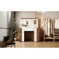 Elegant 44.4 Inch Vanity Table With Large Lighted Mirror And Power Outlet, Dressing Table Featuring 7 Drawers, Brown Wood-Style Finish