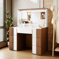 Elegant 44.4 Inch Vanity Table With Large Lighted Mirror And Power Outlet, Dressing Table Featuring 7 Drawers, Brown Wood-Style Finish