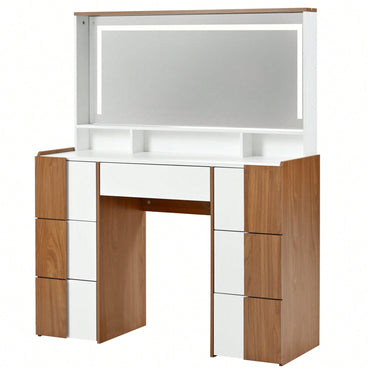 Elegant 44.4 Inch Vanity Table With Large Lighted Mirror And Power Outlet, Dressing Table Featuring 7 Drawers, Brown Wood-Style Finish
