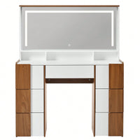 Elegant 44.4 Inch Vanity Table With Large Lighted Mirror And Power Outlet, Dressing Table Featuring 7 Drawers, Brown Wood-Style Finish