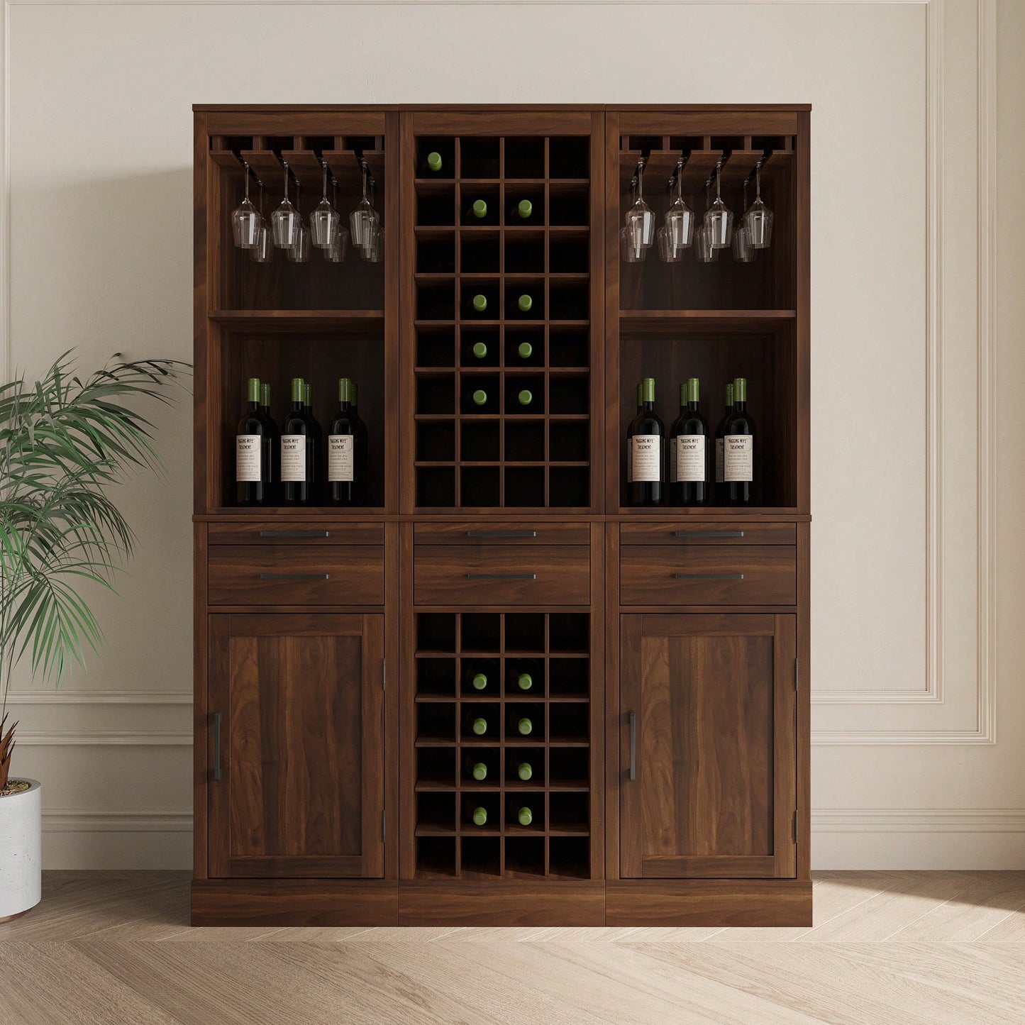 Modular 32 Inch Wine Bar Buffet Cabinet For Stylish Home Storage Brown Walnut