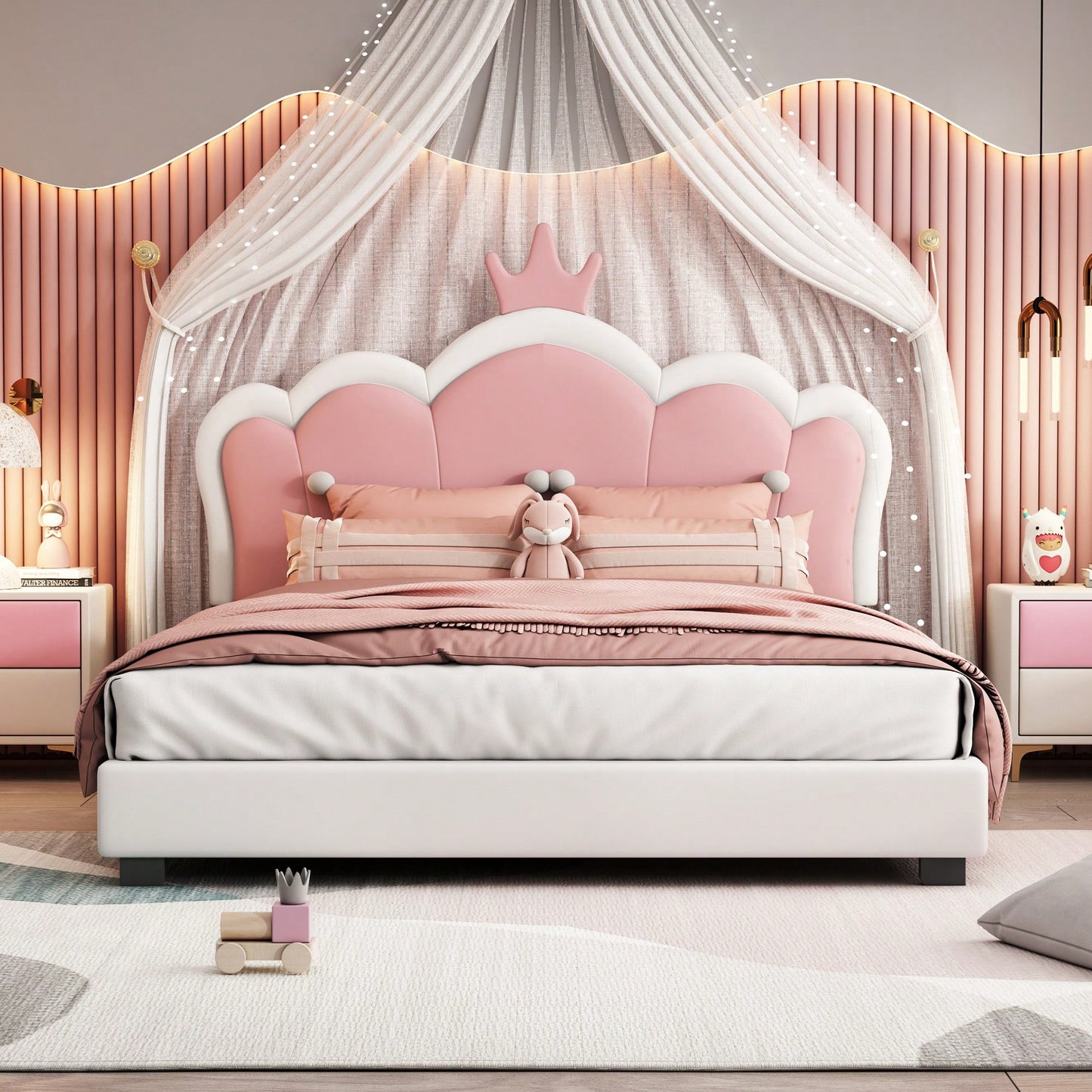 Full Size Upholstered Princess Bed With Crown Headboard And Footboard In White And Pink