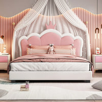 Full Size Upholstered Princess Bed With Crown Headboard And Footboard In White And Pink