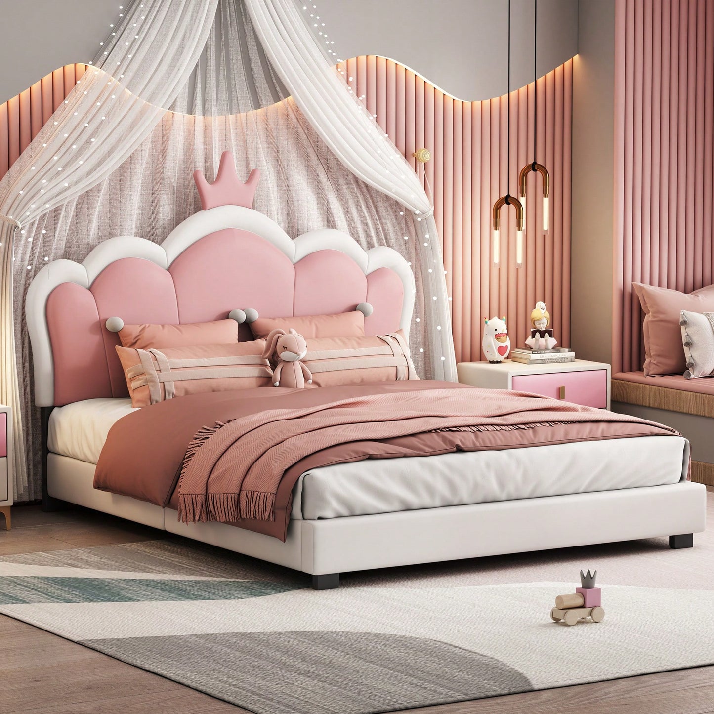 Full Size Upholstered Princess Bed With Crown Headboard And Footboard In White And Pink