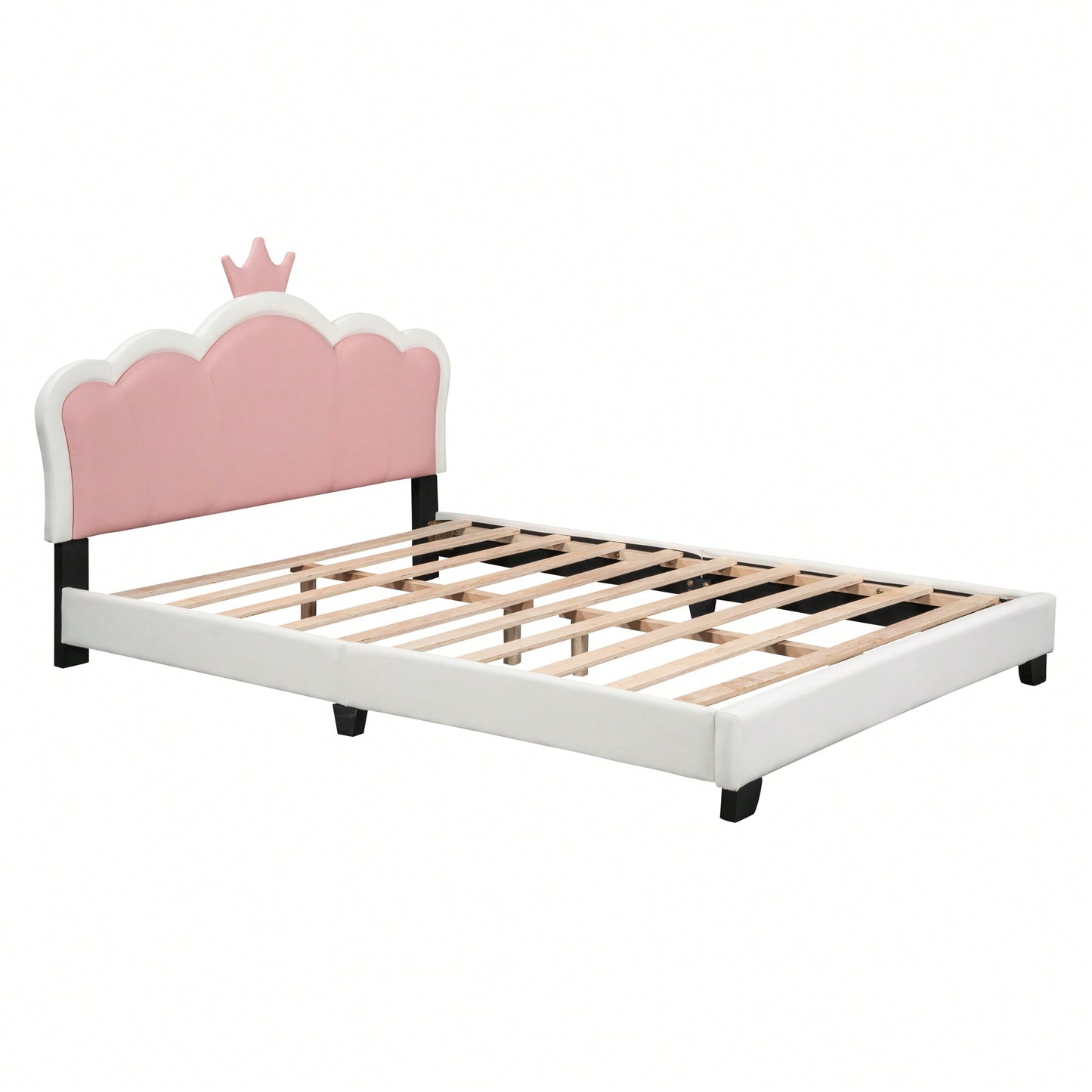 Full Size Upholstered Princess Bed With Crown Headboard And Footboard In White And Pink