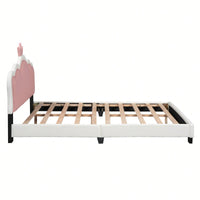 Full Size Upholstered Princess Bed With Crown Headboard And Footboard In White And Pink