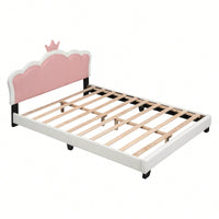 Full Size Upholstered Princess Bed With Crown Headboard And Footboard In White And Pink