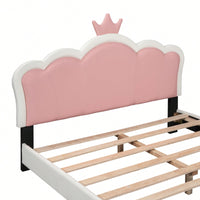 Full Size Upholstered Princess Bed With Crown Headboard And Footboard In White And Pink