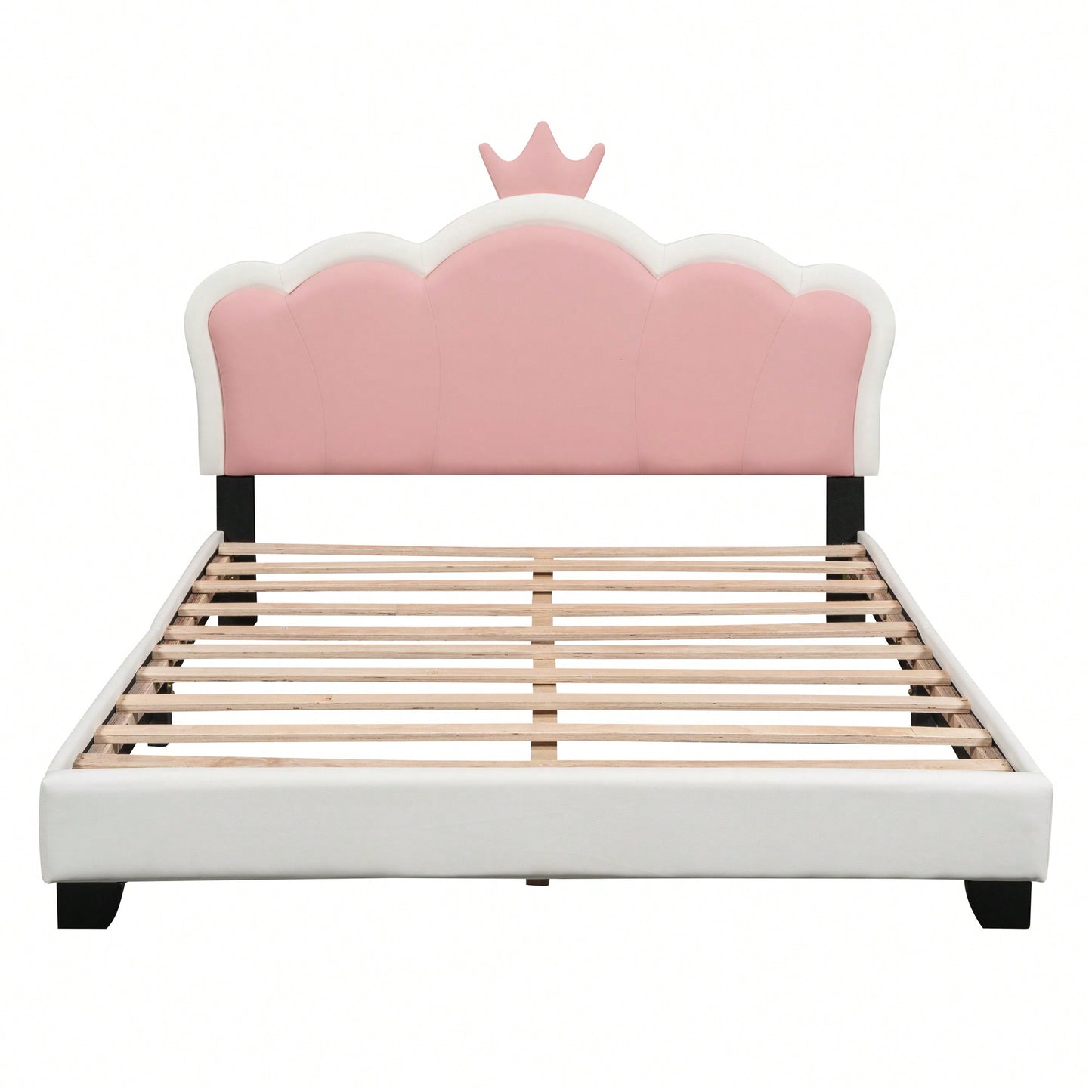 Full Size Upholstered Princess Bed With Crown Headboard And Footboard In White And Pink