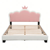 Full Size Upholstered Princess Bed With Crown Headboard And Footboard In White And Pink