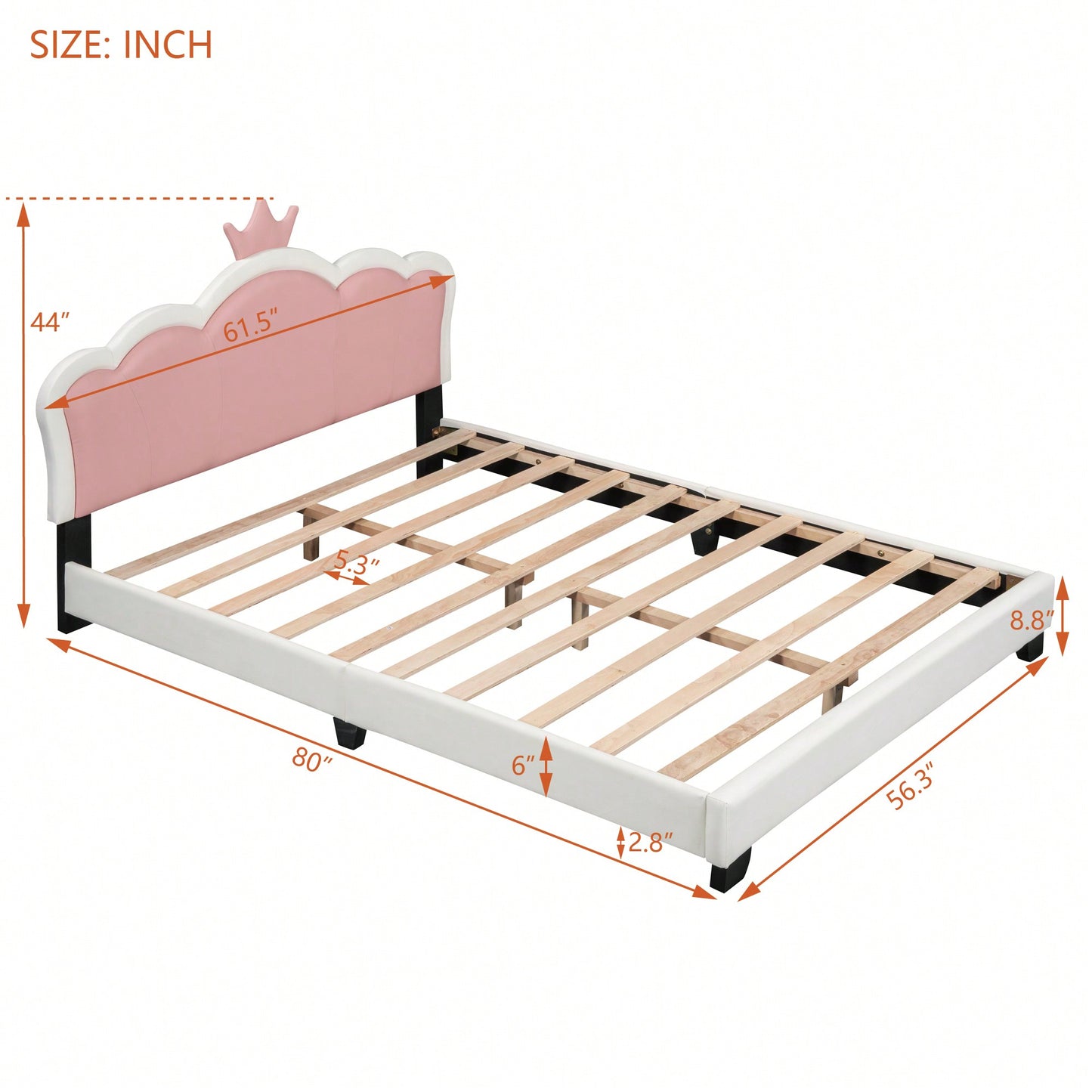 Full Size Upholstered Princess Bed With Crown Headboard And Footboard In White And Pink