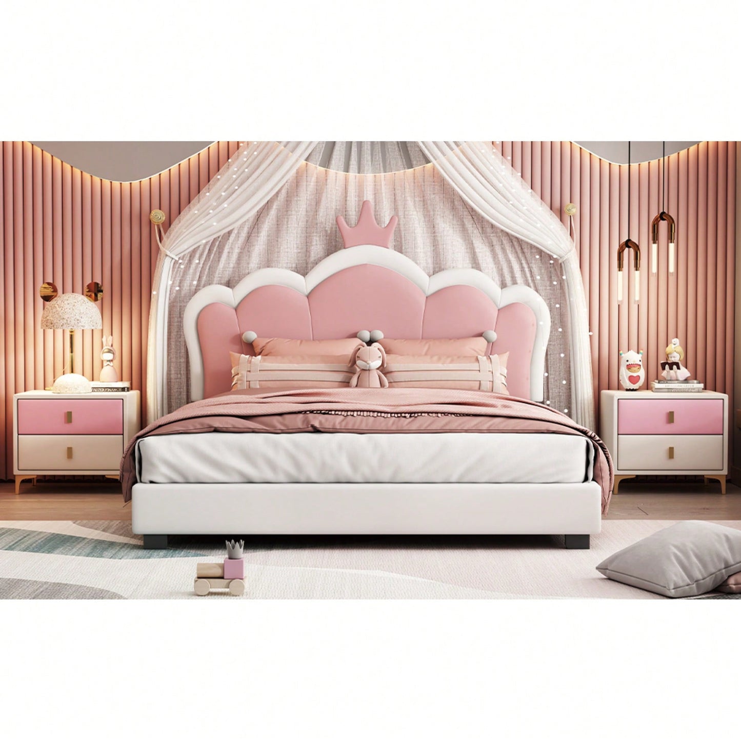 Full Size Upholstered Princess Bed With Crown Headboard And Footboard In White And Pink