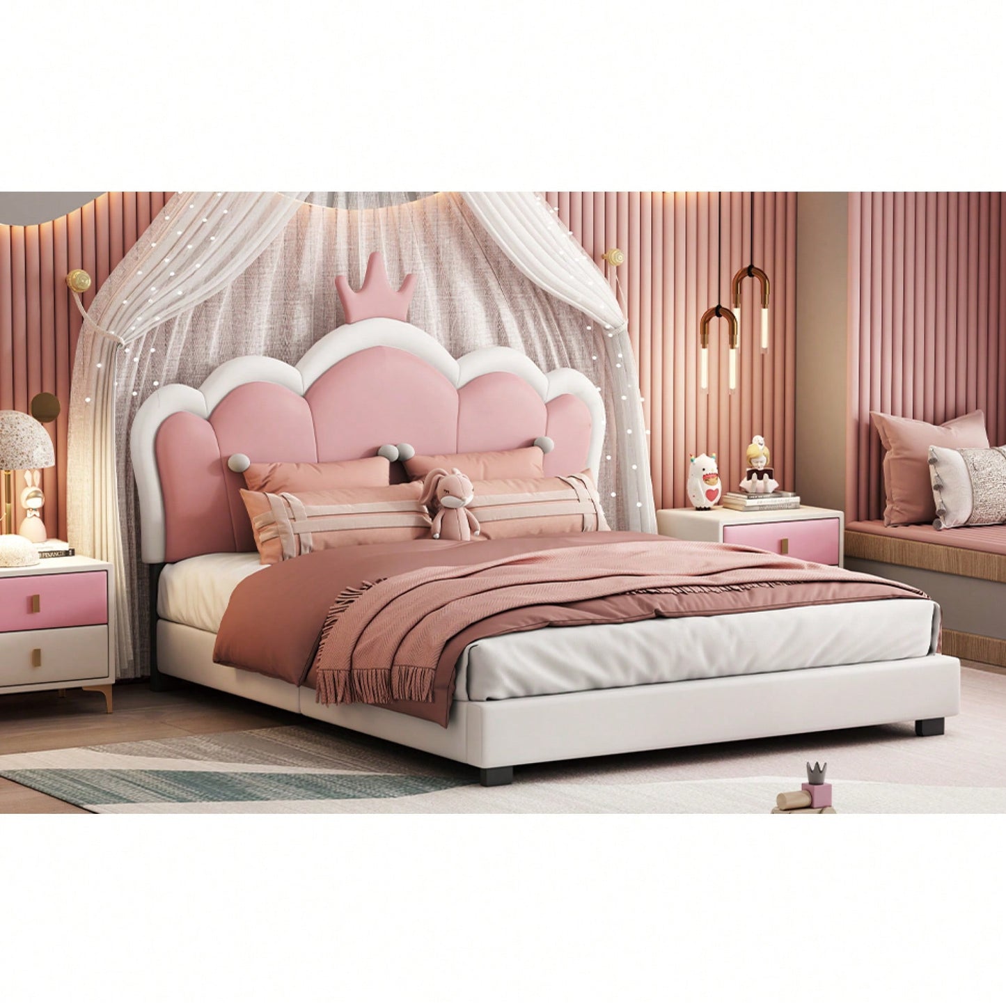 Full Size Upholstered Princess Bed With Crown Headboard And Footboard In White And Pink