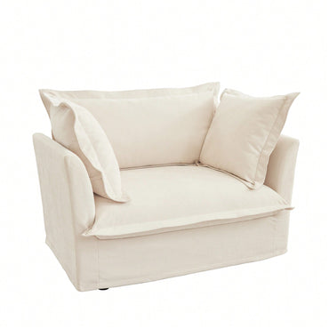 Cozy Slipcovered Armchair With Large Back Cushion And Two Plush Toss Pillows In Soft Chenille Fabric, Deep Seat Design, Elegant Blue Color