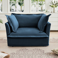 Cozy Slipcovered Armchair With Large Back Cushion And Two Plush Toss Pillows In Soft Chenille Fabric, Deep Seat Design, Elegant Blue Color